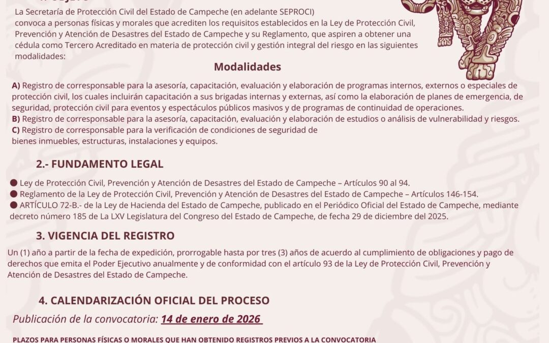 Convocatoria para participar en el Proceso de Registro, Evaluación y Obtención de la Cédula de Tercero Acreditado en Materia de Protección Civil y Gestión Integral de Riesgos